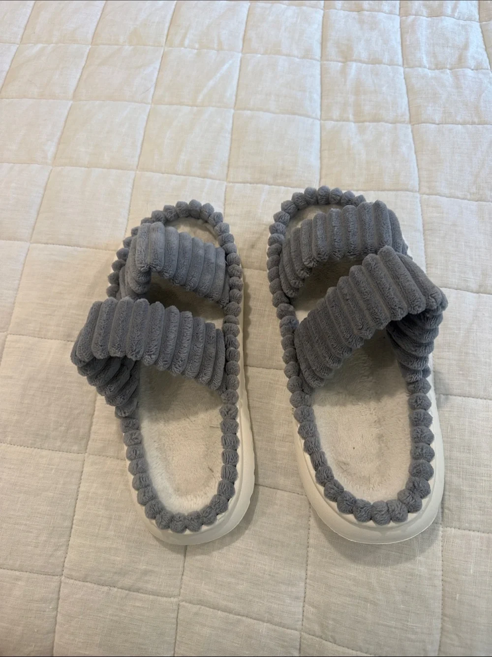 Grey Plush Strap Slippers